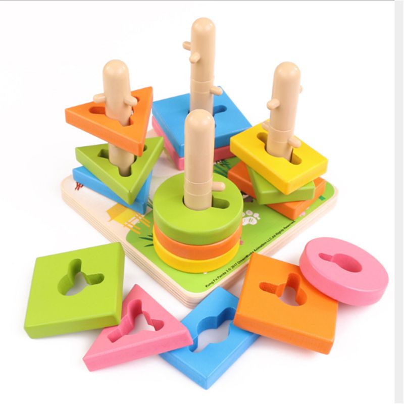 Kids Early Education Intellective Wooden Column Geometric Shape Matching Building Blocks Toy