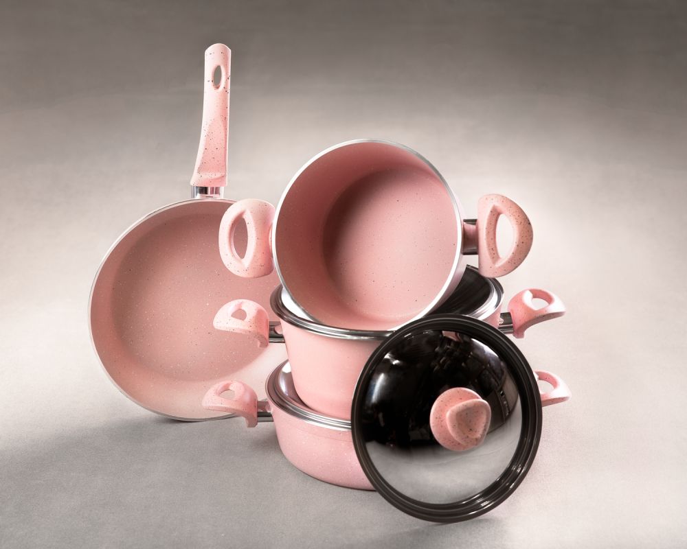 Kunzita 7-Piece Turkish Granite Cookware Set Pink - Pyrex Lids
