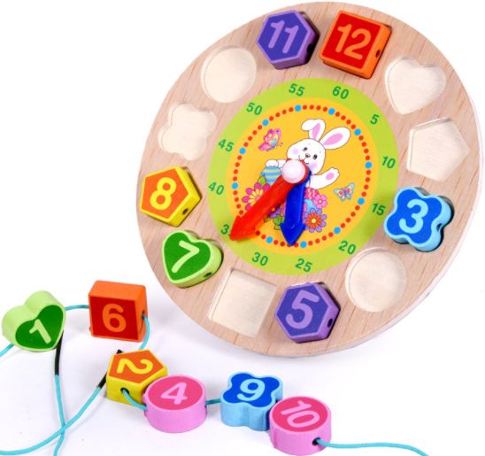 Wooden children early education puzzle color shape cognition pairing numbers piercing beaded clock toys - rabbits